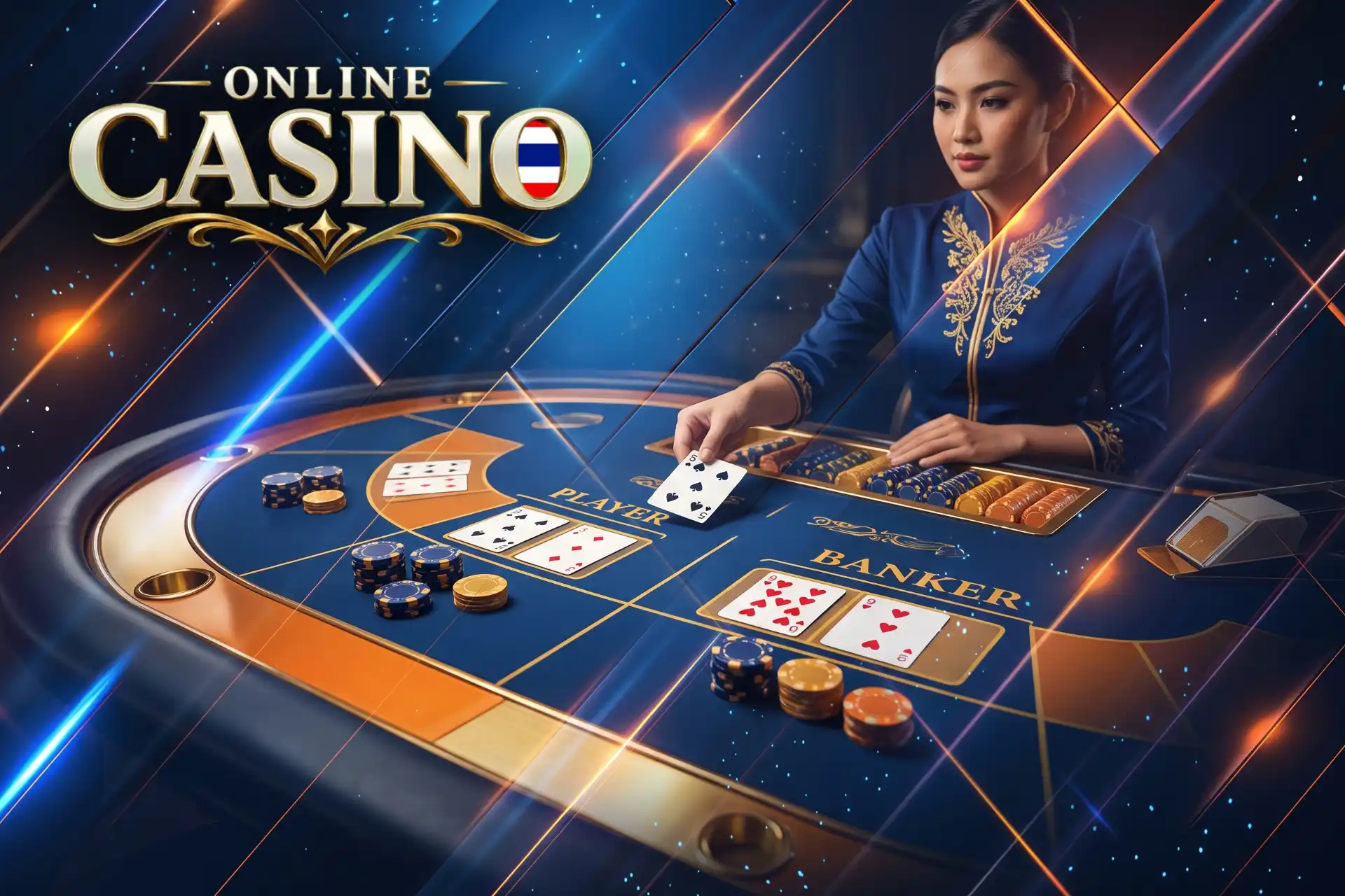คาสิโนออนไลน์ในประเทศไทยนำเสนอเกมบาคาร่าแบบมีดีลเลอร์สด โดยมีดีลเลอร์หญิงชาวไทยเป็นผู้แจกไพ่บนโต๊ะเดิมพันสีน้ำเงินสุดหรู